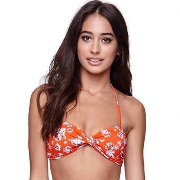 NWT ROXY Orange Floral Bandeau Bikini Top - Picture 1 of 10